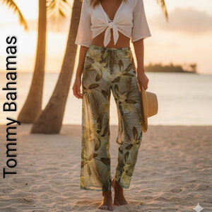 Women's Tommy Bahama Green Blue Floral Tropical Wide Leg Pants Swim Cover Up L